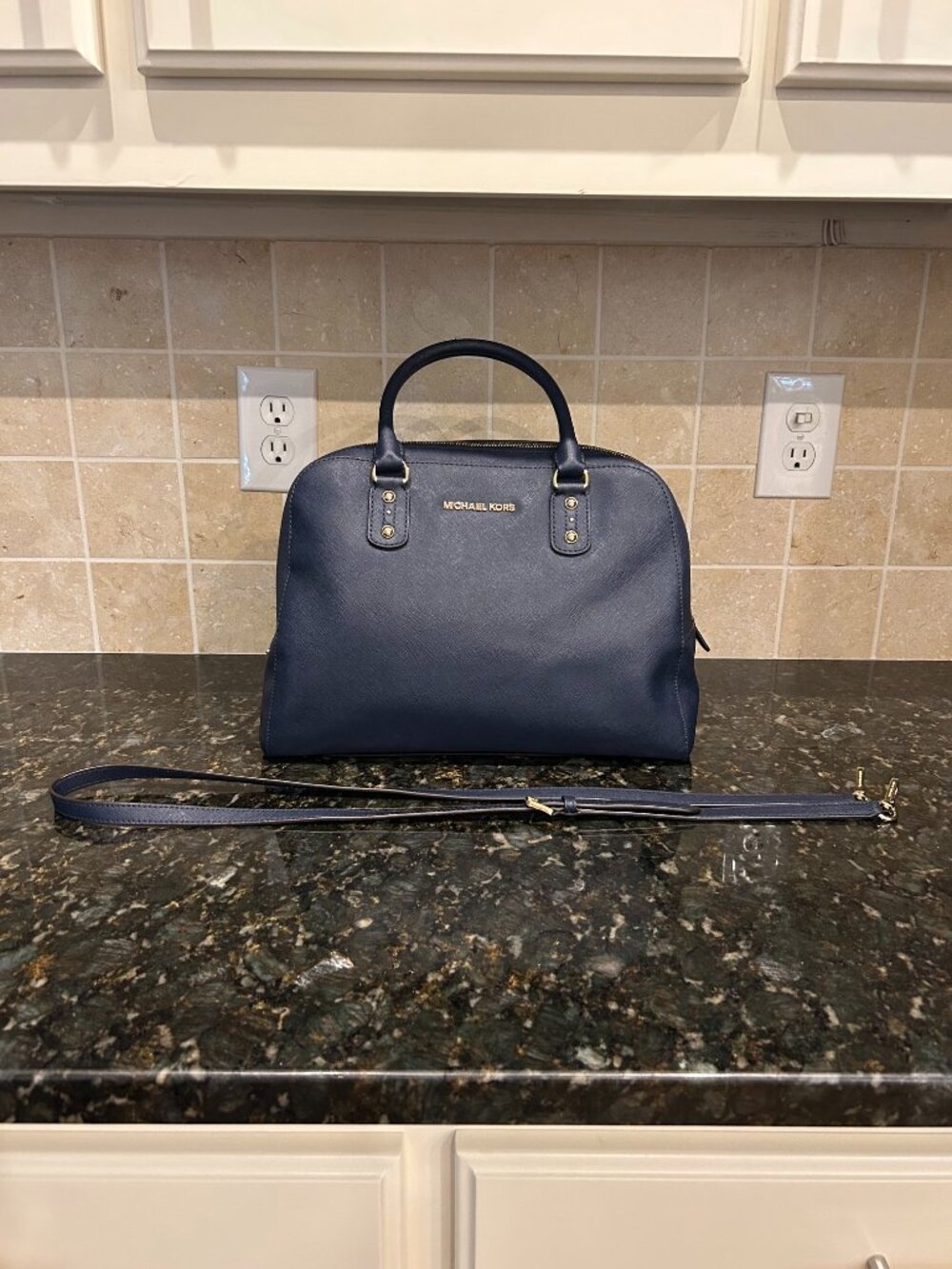 Navy Blue Michael Kors Sandrine Dome Satchel Style Purse